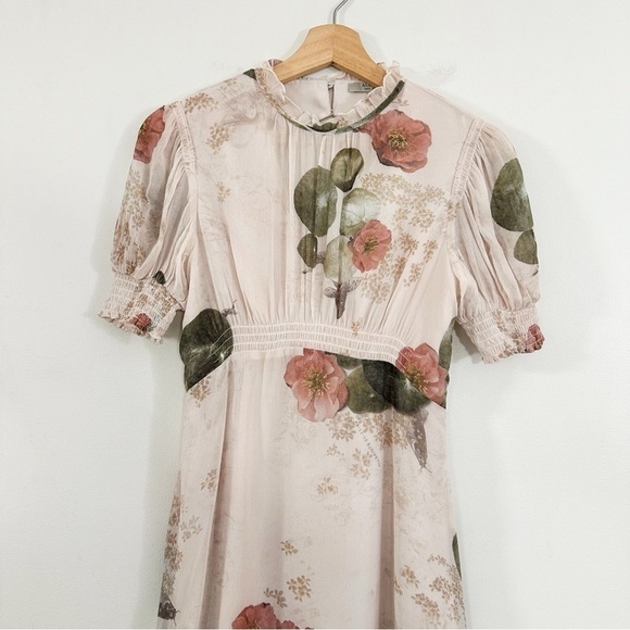 Allsaints Dress Womens 0 Pink Smocked Puff Sleeve Chiffon Floral - Picture 3 of 6